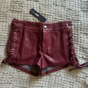 Fashion Nova Burgundy Lace-Up Faux Leather Shorts